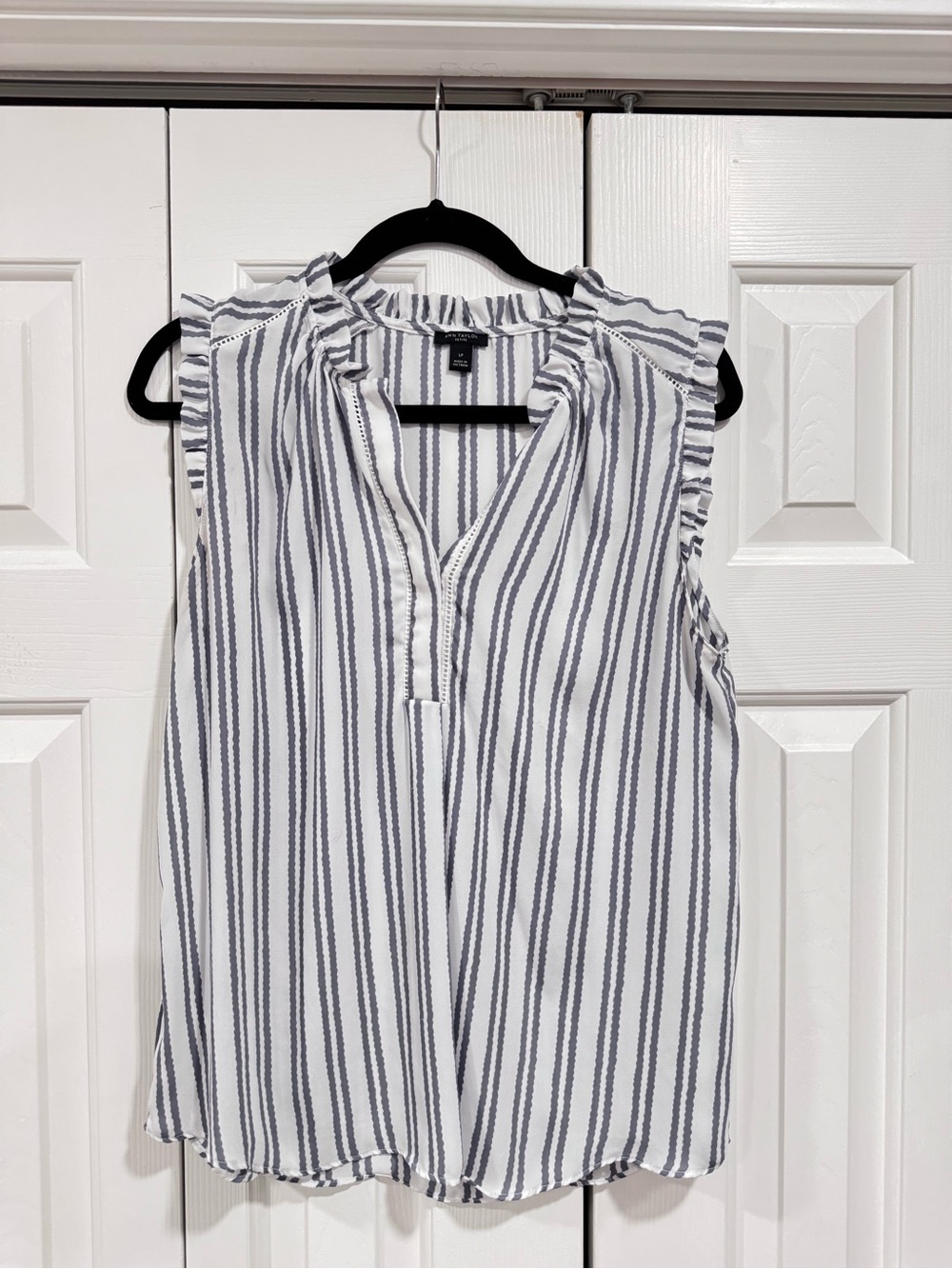 Ann Taylor White & Navy Vertical Stripe Ruffle Sleeveless Camisole